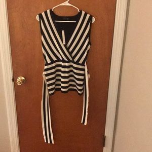 Black and white striped tie waist top